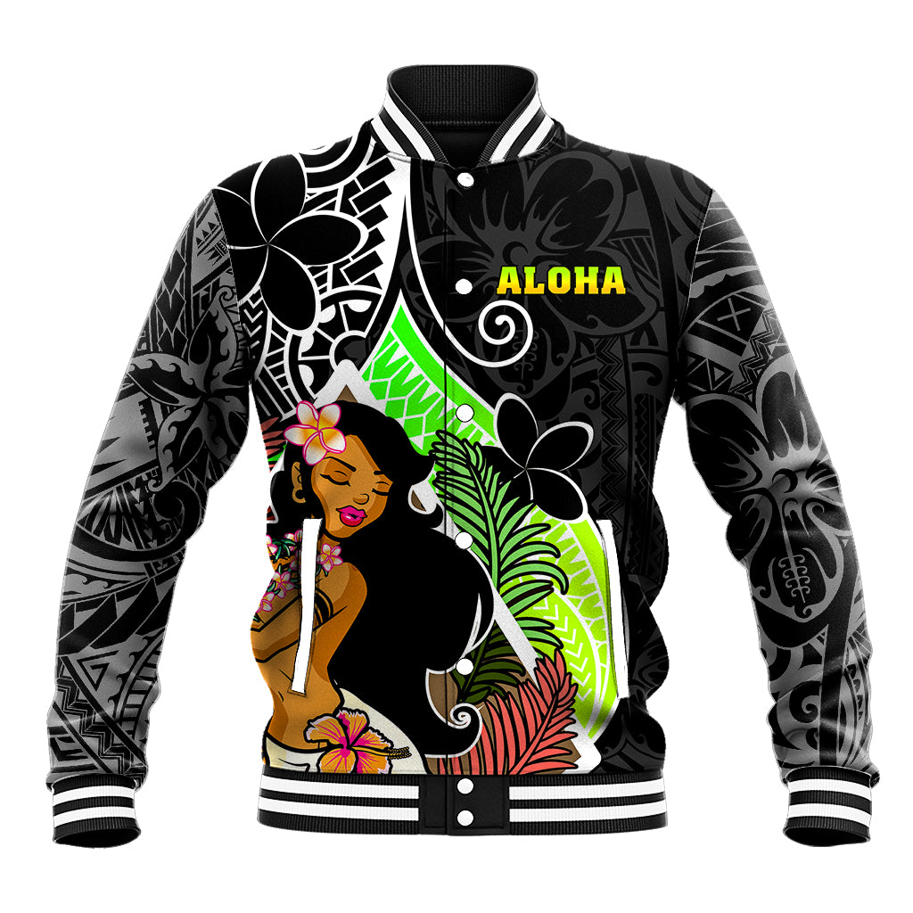 Hawaii Hula Girl Baseball Jacket Hula Girl Polynesian Tattoo Gradient - Wonder Print Shop