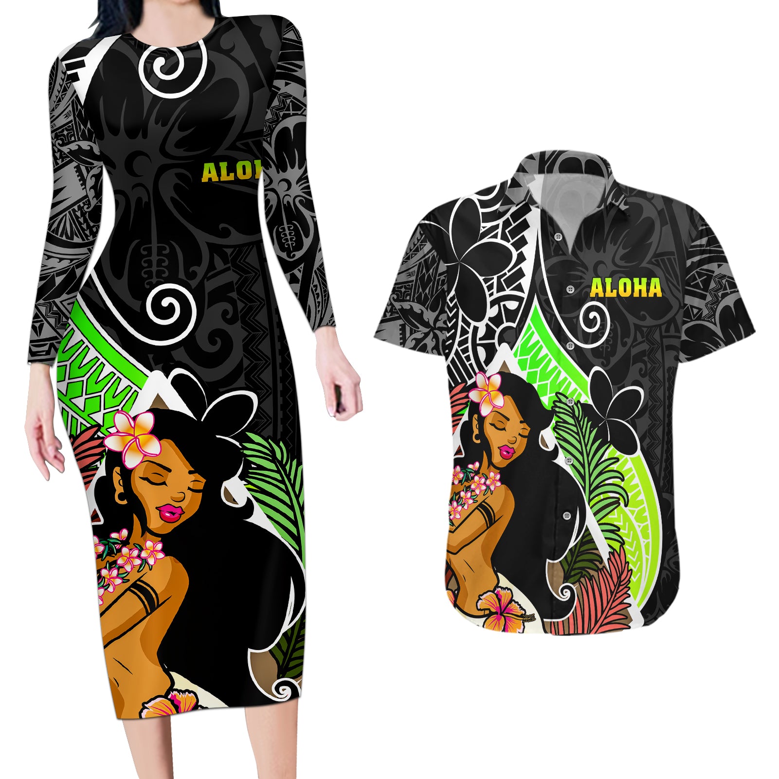 Hawaii Hula Girl Couples Matching Long Sleeve Bodycon Dress and Hawaiian Shirt Hula Girl Polynesian Tattoo Gradient - Wonder Print Shop
