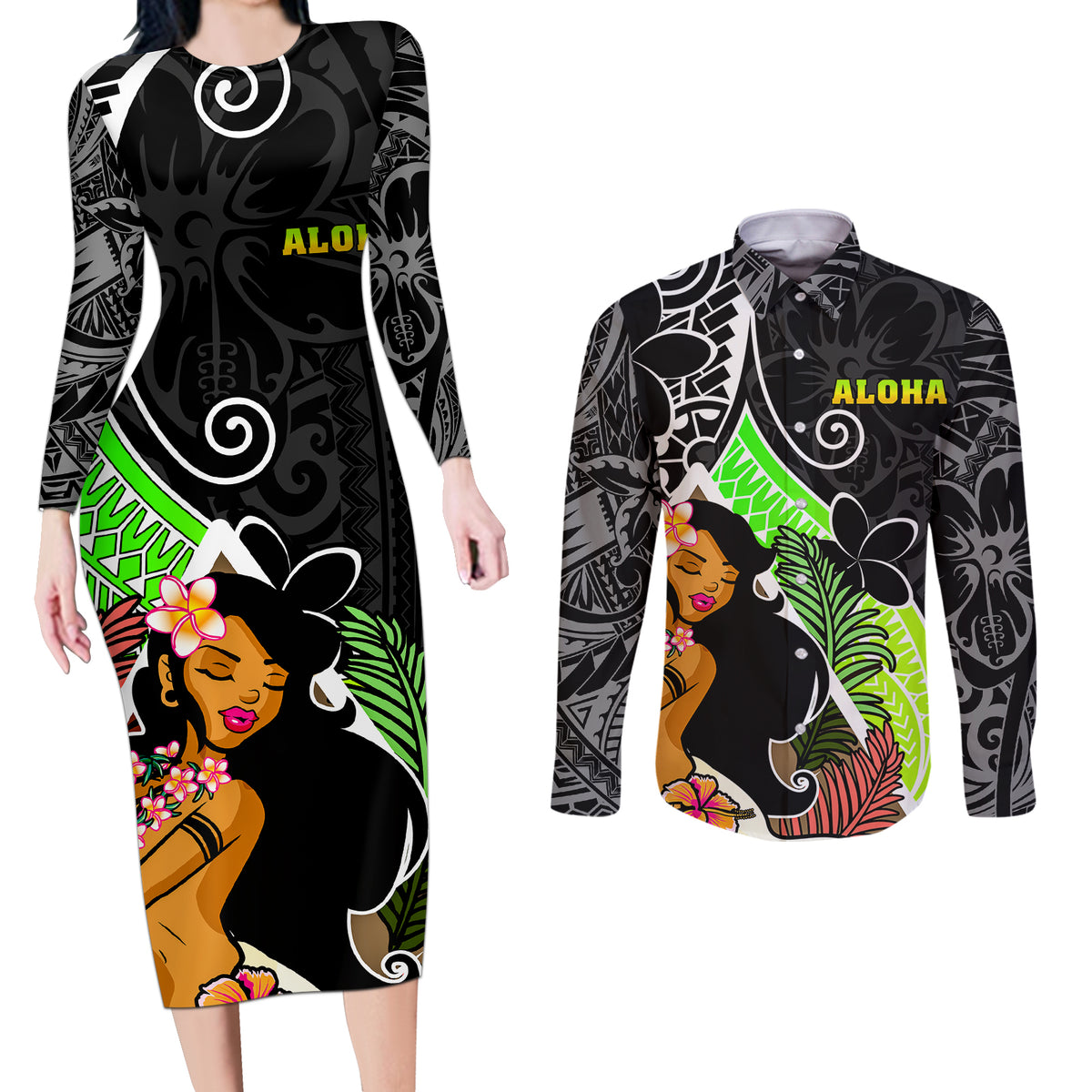 Hawaii Hula Girl Couples Matching Long Sleeve Bodycon Dress and Long Sleeve Button Shirts Hula Girl Polynesian Tattoo Gradient - Wonder Print Shop