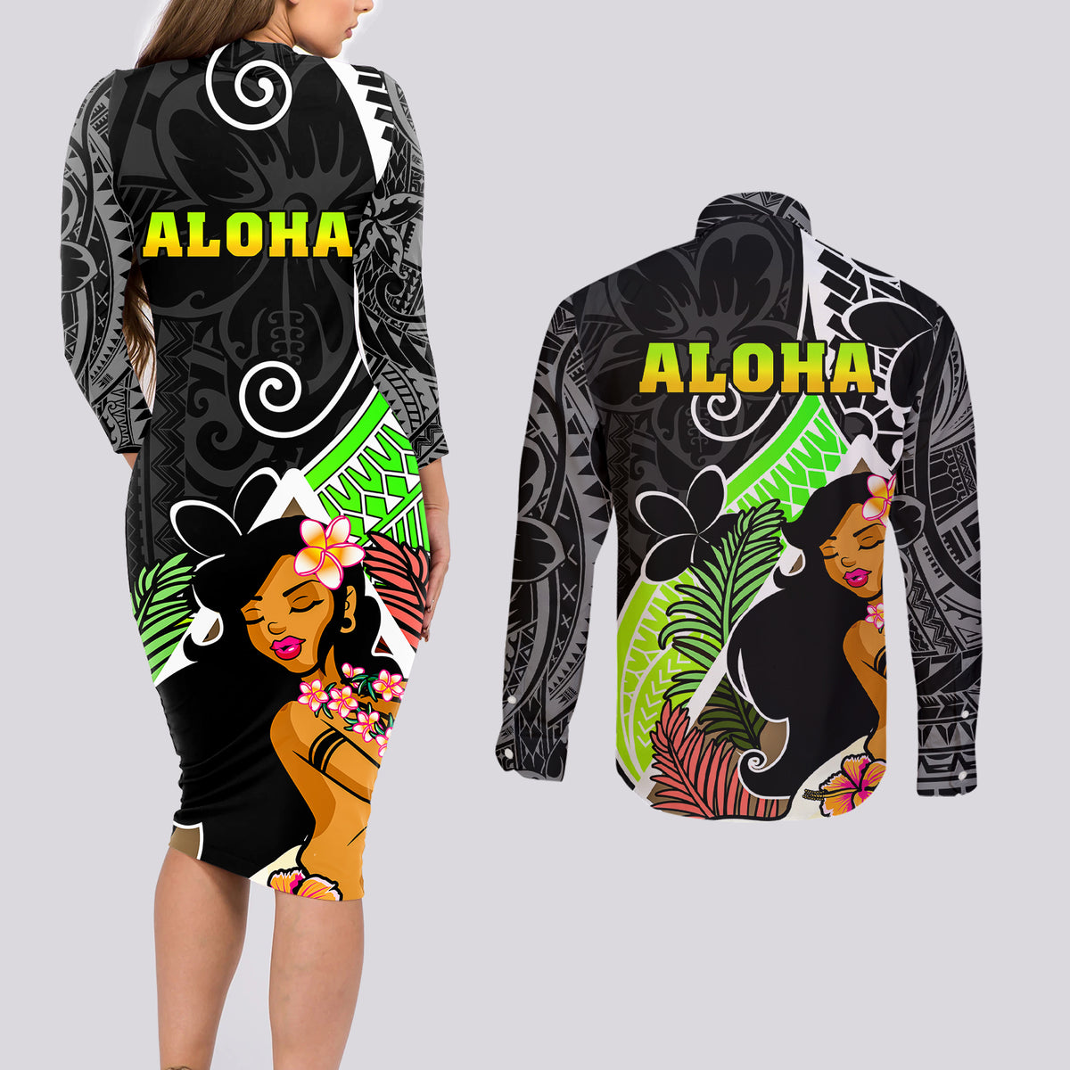 Hawaii Hula Girl Couples Matching Long Sleeve Bodycon Dress and Long Sleeve Button Shirts Hula Girl Polynesian Tattoo Gradient - Wonder Print Shop