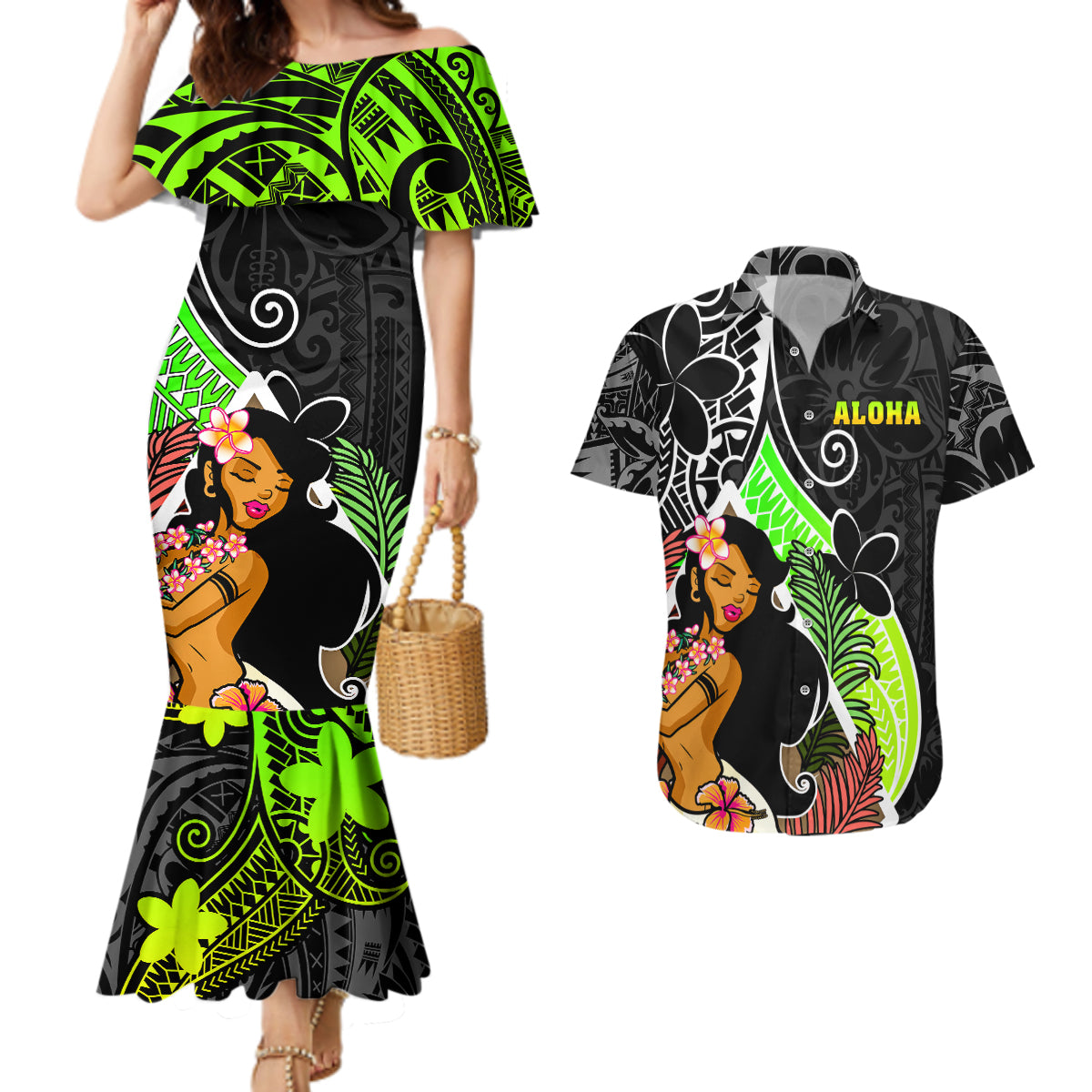 Hawaii Hula Girl Couples Matching Mermaid Dress and Hawaiian Shirt Hula Girl Polynesian Tattoo Gradient - Wonder Print Shop