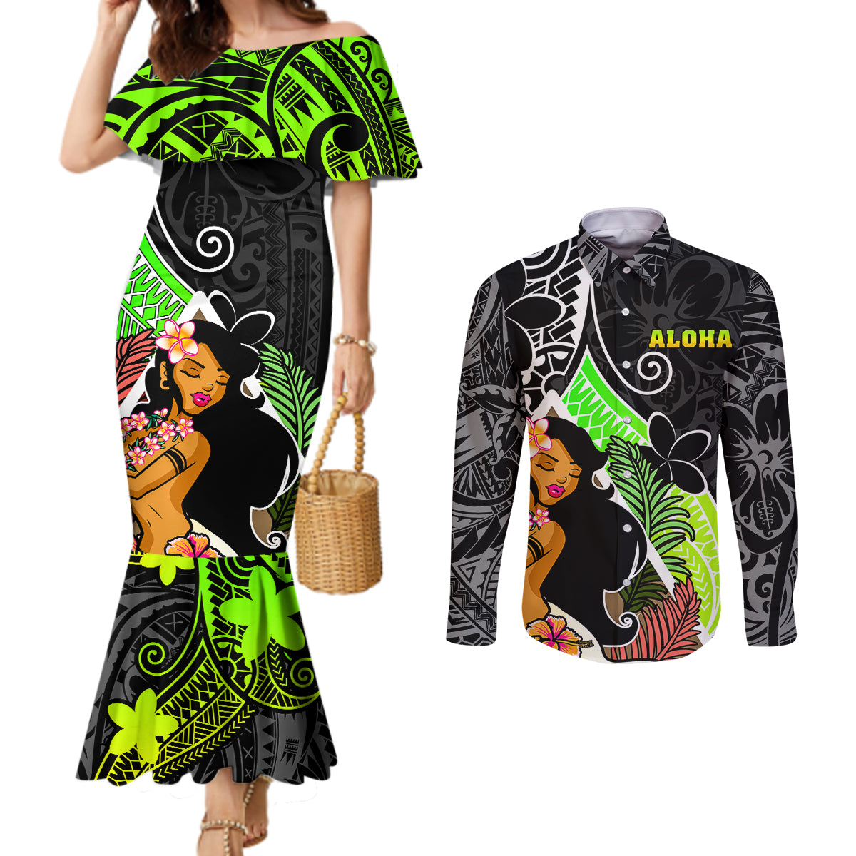 hawaii-hula-girl-couples-matching-mermaid-dress-and-long-sleeve-button-shirts-hula-girl-polynesian-tattoo-gradient