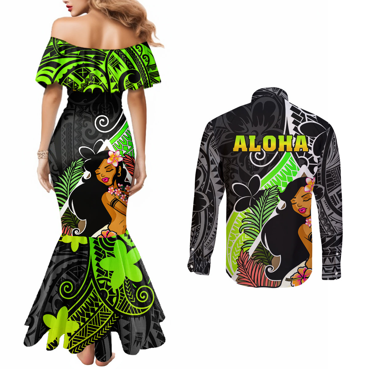 hawaii-hula-girl-couples-matching-mermaid-dress-and-long-sleeve-button-shirts-hula-girl-polynesian-tattoo-gradient