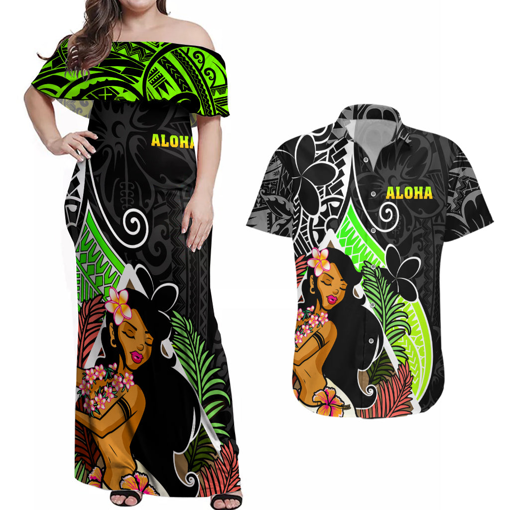 Hawaii Hula Girl Couples Matching Off Shoulder Maxi Dress and Hawaiian Shirt Hula Girl Polynesian Tattoo Gradient - Wonder Print Shop