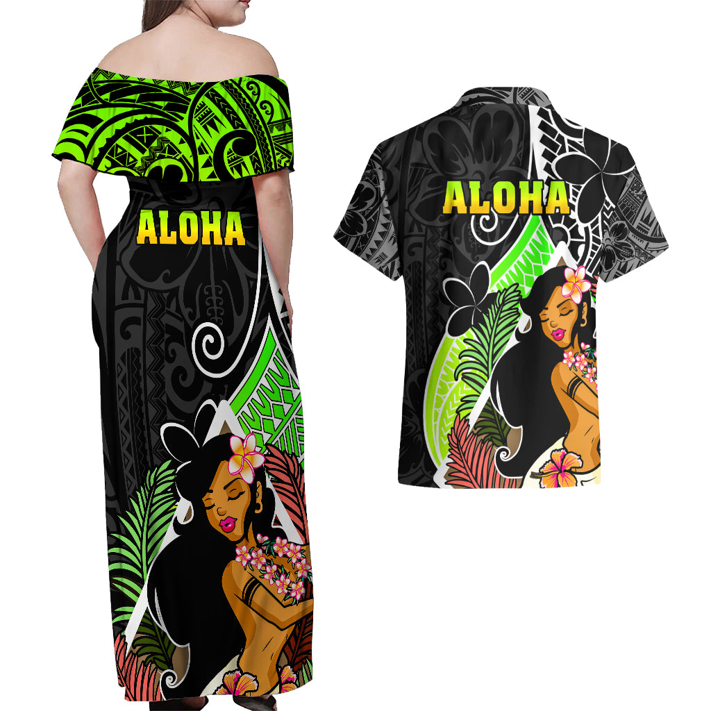 Hawaii Hula Girl Couples Matching Off Shoulder Maxi Dress and Hawaiian Shirt Hula Girl Polynesian Tattoo Gradient - Wonder Print Shop