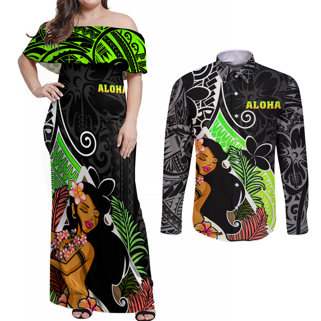Hawaii Hula Girl Couples Matching Off Shoulder Maxi Dress and Long Sleeve Button Shirts Hula Girl Polynesian Tattoo Gradient - Wonder Print Shop