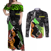 Hawaii Hula Girl Couples Matching Off Shoulder Maxi Dress and Long Sleeve Button Shirts Hula Girl Polynesian Tattoo Gradient - Wonder Print Shop