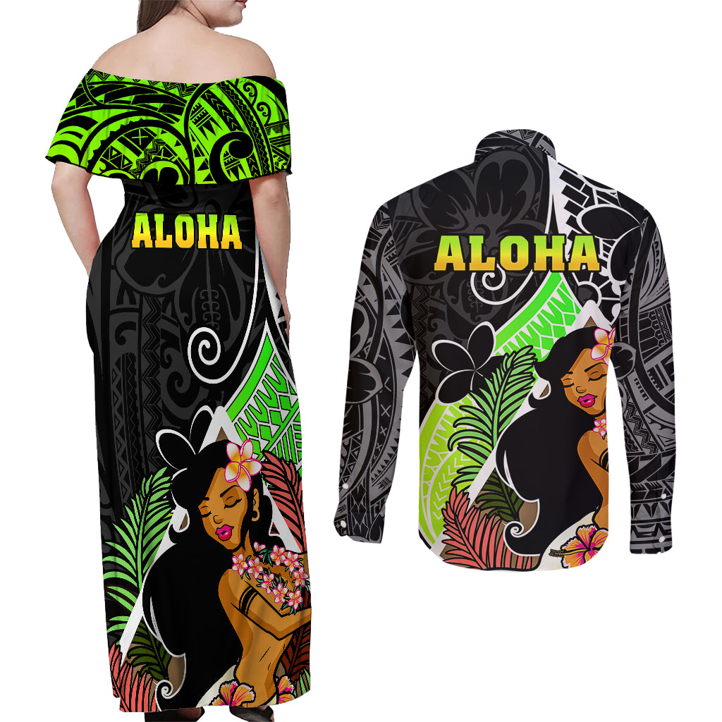 Hawaii Hula Girl Couples Matching Off Shoulder Maxi Dress and Long Sleeve Button Shirts Hula Girl Polynesian Tattoo Gradient - Wonder Print Shop