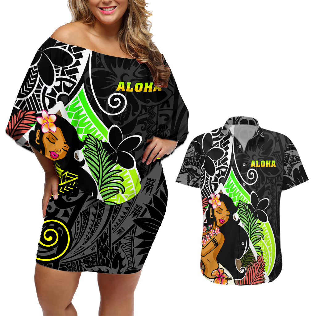 Hawaii Hula Girl Couples Matching Off Shoulder Short Dress and Hawaiian Shirt Hula Girl Polynesian Tattoo Gradient - Wonder Print Shop