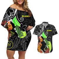 Hawaii Hula Girl Couples Matching Off Shoulder Short Dress and Hawaiian Shirt Hula Girl Polynesian Tattoo Gradient - Wonder Print Shop