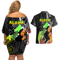 Hawaii Hula Girl Couples Matching Off Shoulder Short Dress and Hawaiian Shirt Hula Girl Polynesian Tattoo Gradient - Wonder Print Shop