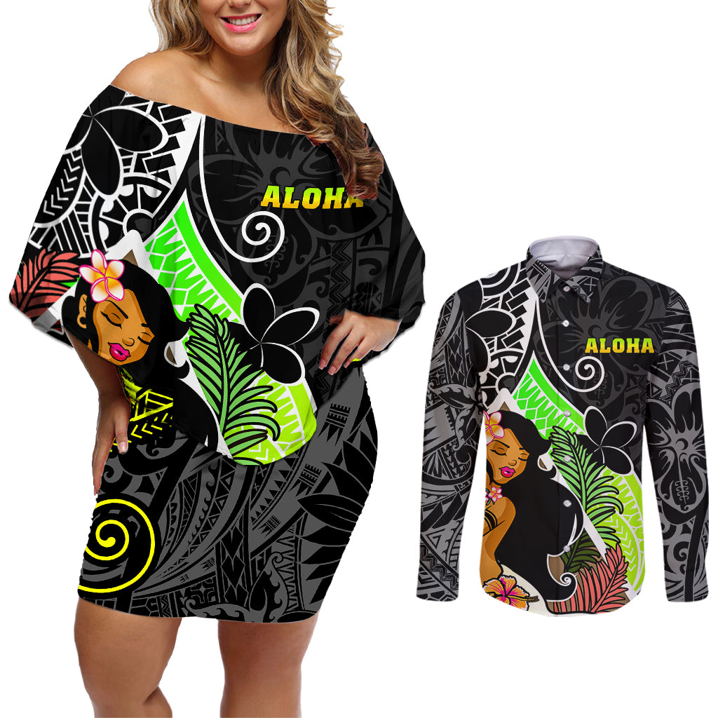 Hawaii Hula Girl Couples Matching Off Shoulder Short Dress and Long Sleeve Button Shirts Hula Girl Polynesian Tattoo Gradient - Wonder Print Shop