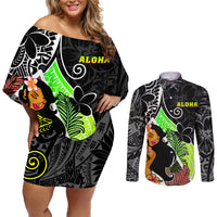 Hawaii Hula Girl Couples Matching Off Shoulder Short Dress and Long Sleeve Button Shirts Hula Girl Polynesian Tattoo Gradient - Wonder Print Shop