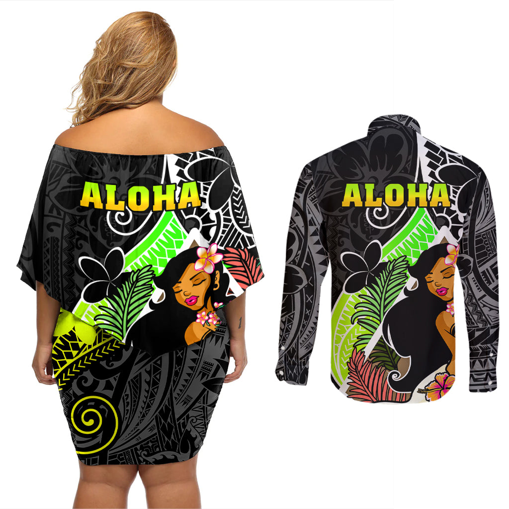 Hawaii Hula Girl Couples Matching Off Shoulder Short Dress and Long Sleeve Button Shirts Hula Girl Polynesian Tattoo Gradient - Wonder Print Shop