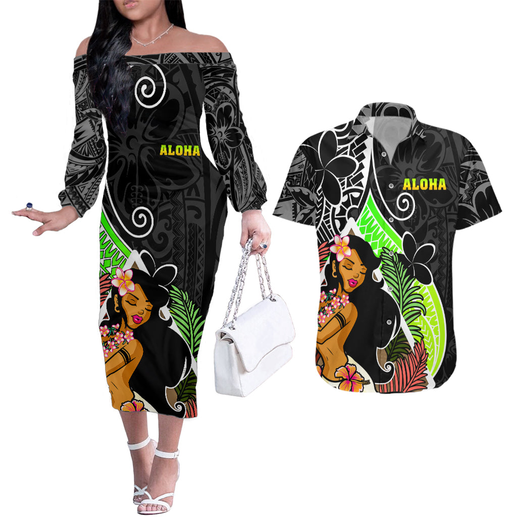 Hawaii Hula Girl Couples Matching Off The Shoulder Long Sleeve Dress and Hawaiian Shirt Hula Girl Polynesian Tattoo Gradient - Wonder Print Shop