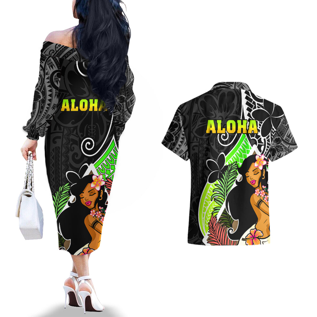 Hawaii Hula Girl Couples Matching Off The Shoulder Long Sleeve Dress and Hawaiian Shirt Hula Girl Polynesian Tattoo Gradient - Wonder Print Shop