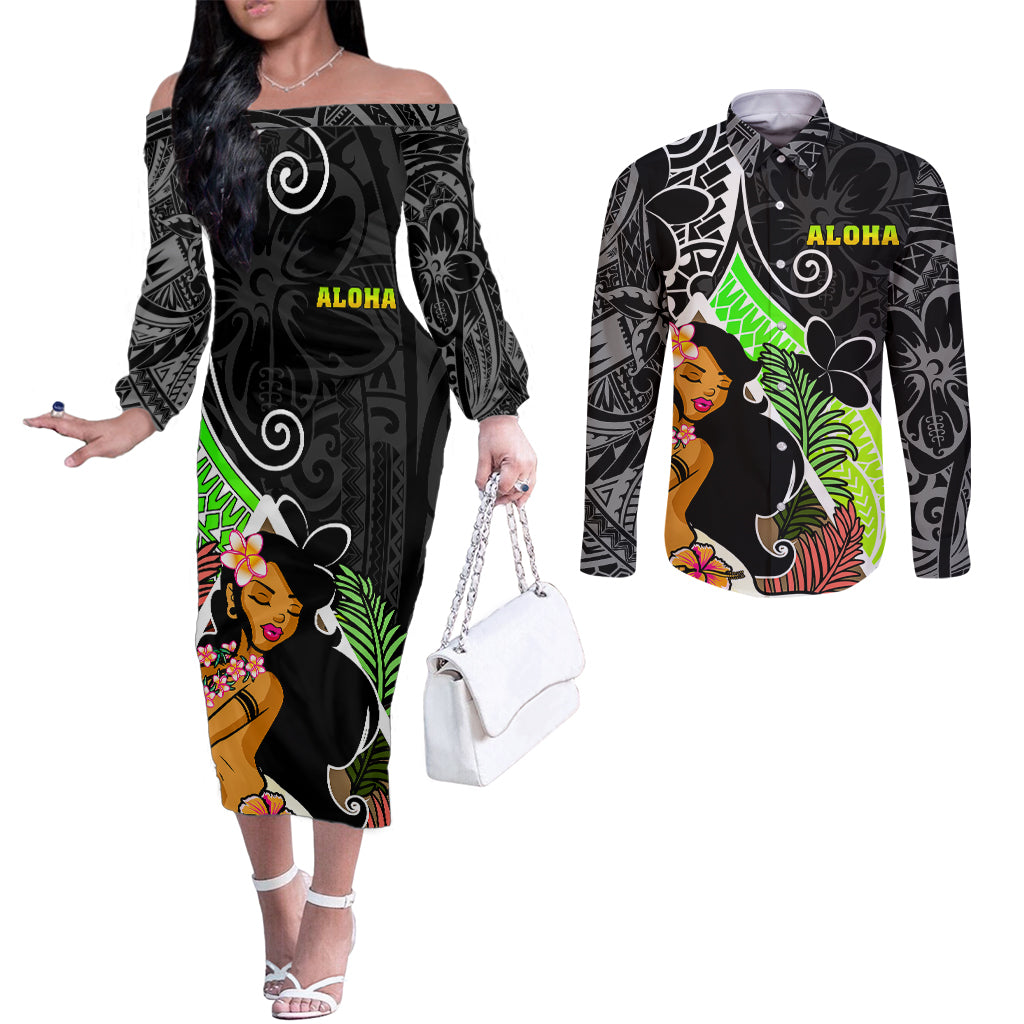 hawaii-hula-girl-couples-matching-off-the-shoulder-long-sleeve-dress-and-long-sleeve-button-shirts-hula-girl-polynesian-tattoo-gradient