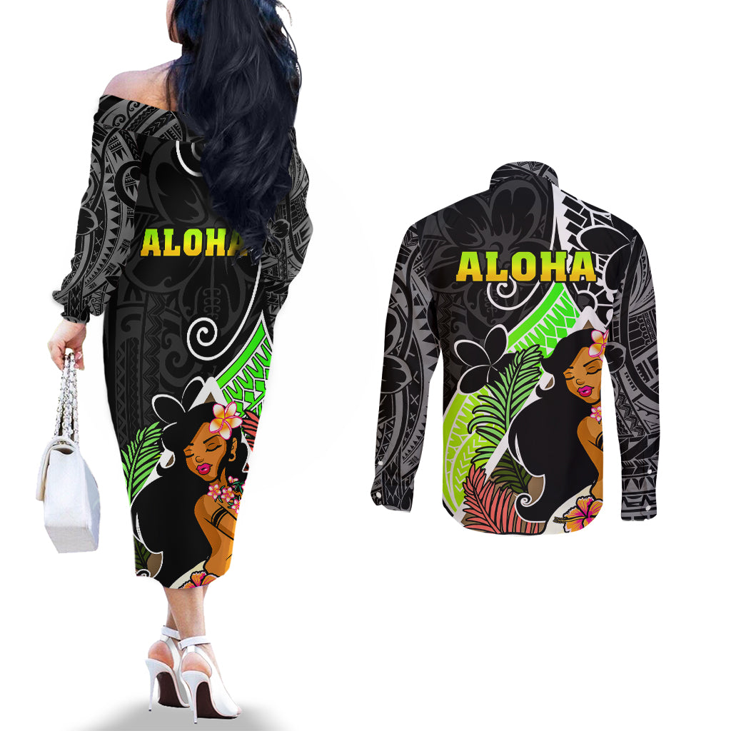 hawaii-hula-girl-couples-matching-off-the-shoulder-long-sleeve-dress-and-long-sleeve-button-shirts-hula-girl-polynesian-tattoo-gradient