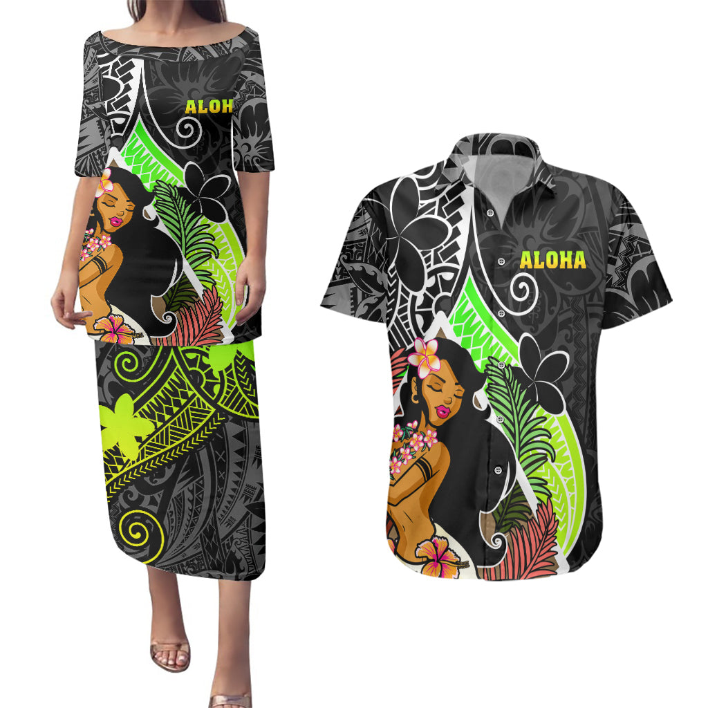Hawaii Hula Girl Couples Matching Puletasi Dress and Hawaiian Shirt Hula Girl Polynesian Tattoo Gradient - Wonder Print Shop