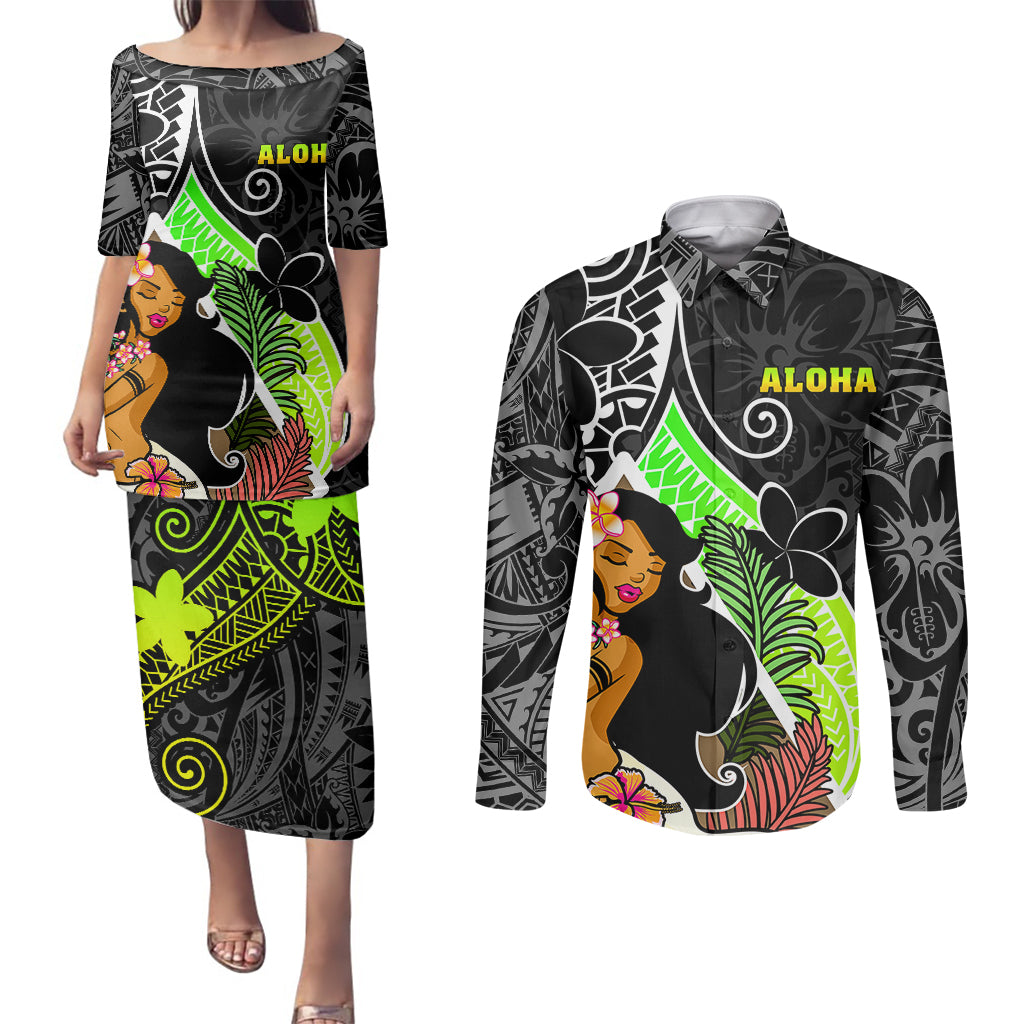 Hawaii Hula Girl Couples Matching Puletasi Dress and Long Sleeve Button Shirts Hula Girl Polynesian Tattoo Gradient - Wonder Print Shop