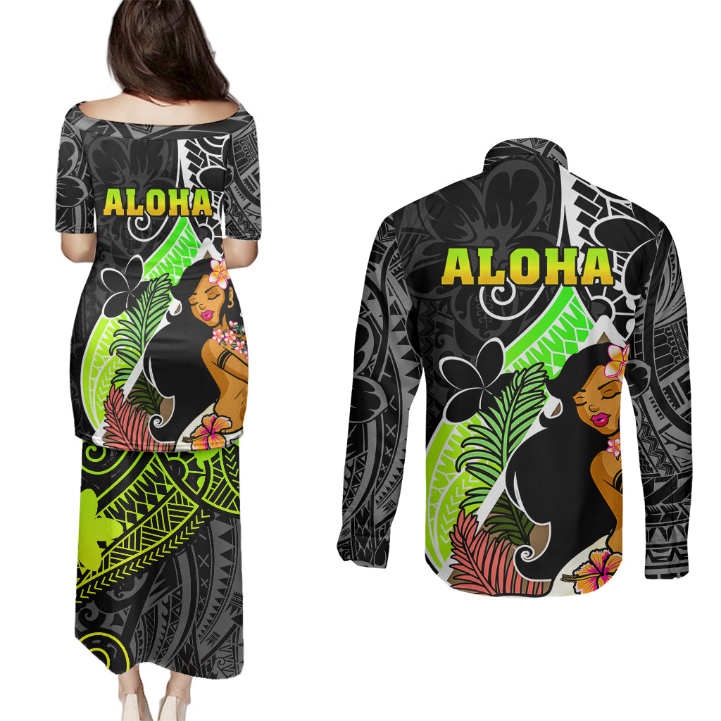 Hawaii Hula Girl Couples Matching Puletasi Dress and Long Sleeve Button Shirts Hula Girl Polynesian Tattoo Gradient - Wonder Print Shop
