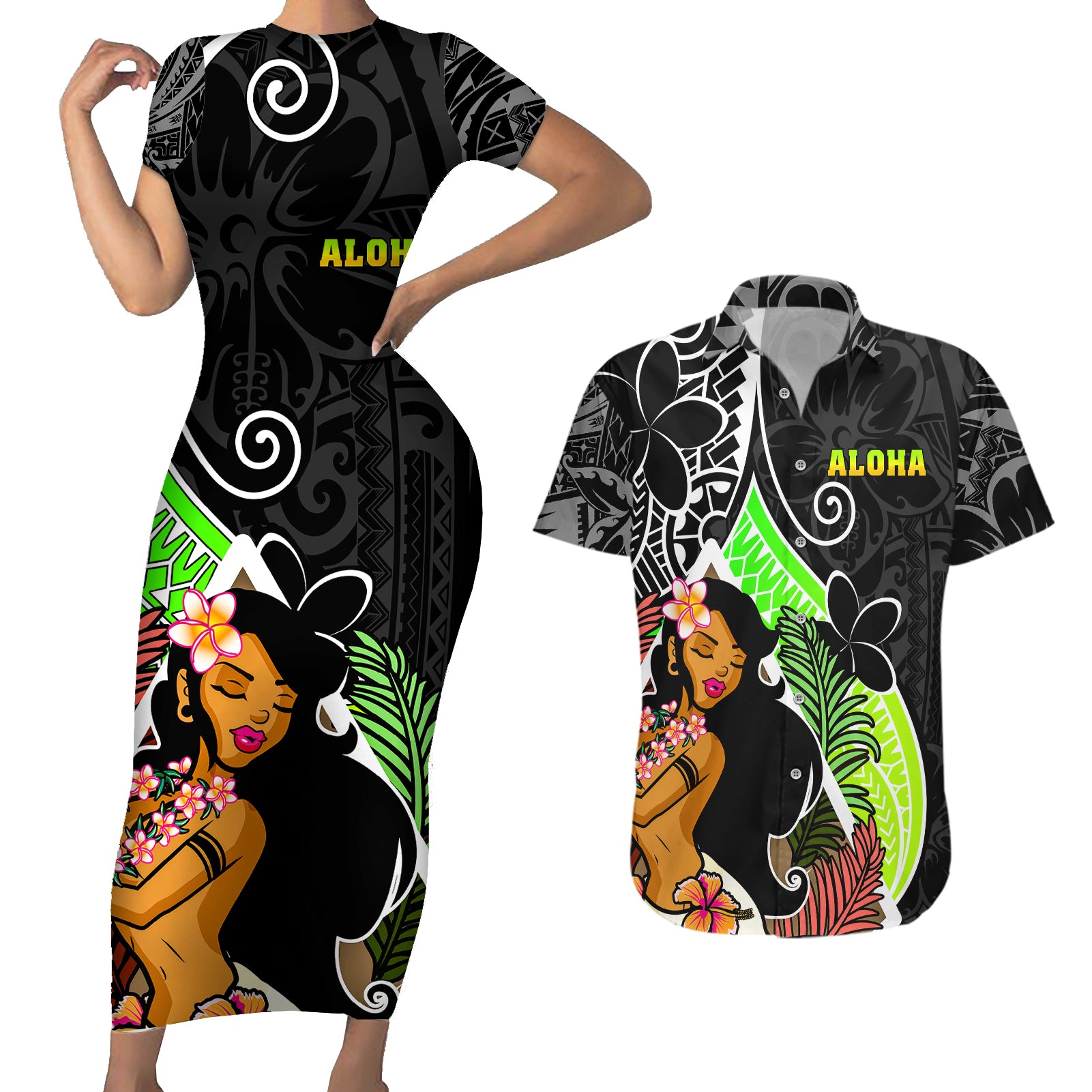 Hawaii Hula Girl Couples Matching Short Sleeve Bodycon Dress and Hawaiian Shirt Hula Girl Polynesian Tattoo Gradient - Wonder Print Shop
