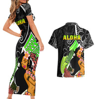 Hawaii Hula Girl Couples Matching Short Sleeve Bodycon Dress and Hawaiian Shirt Hula Girl Polynesian Tattoo Gradient - Wonder Print Shop