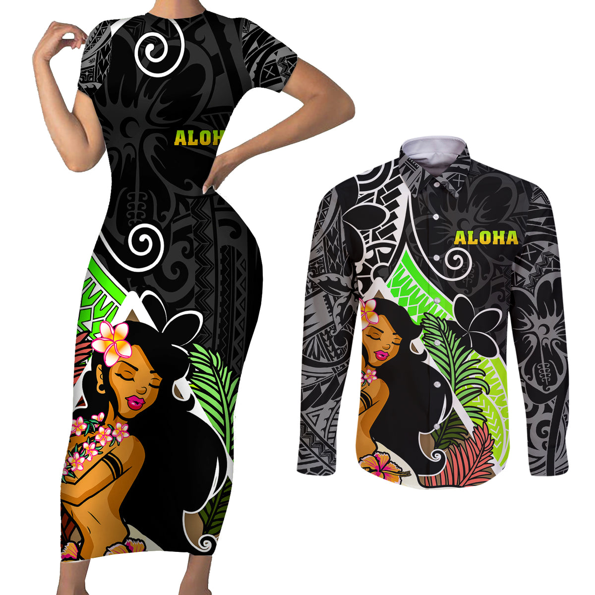 Hawaii Hula Girl Couples Matching Short Sleeve Bodycon Dress and Long Sleeve Button Shirts Hula Girl Polynesian Tattoo Gradient - Wonder Print Shop