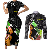 Hawaii Hula Girl Couples Matching Short Sleeve Bodycon Dress and Long Sleeve Button Shirts Hula Girl Polynesian Tattoo Gradient - Wonder Print Shop