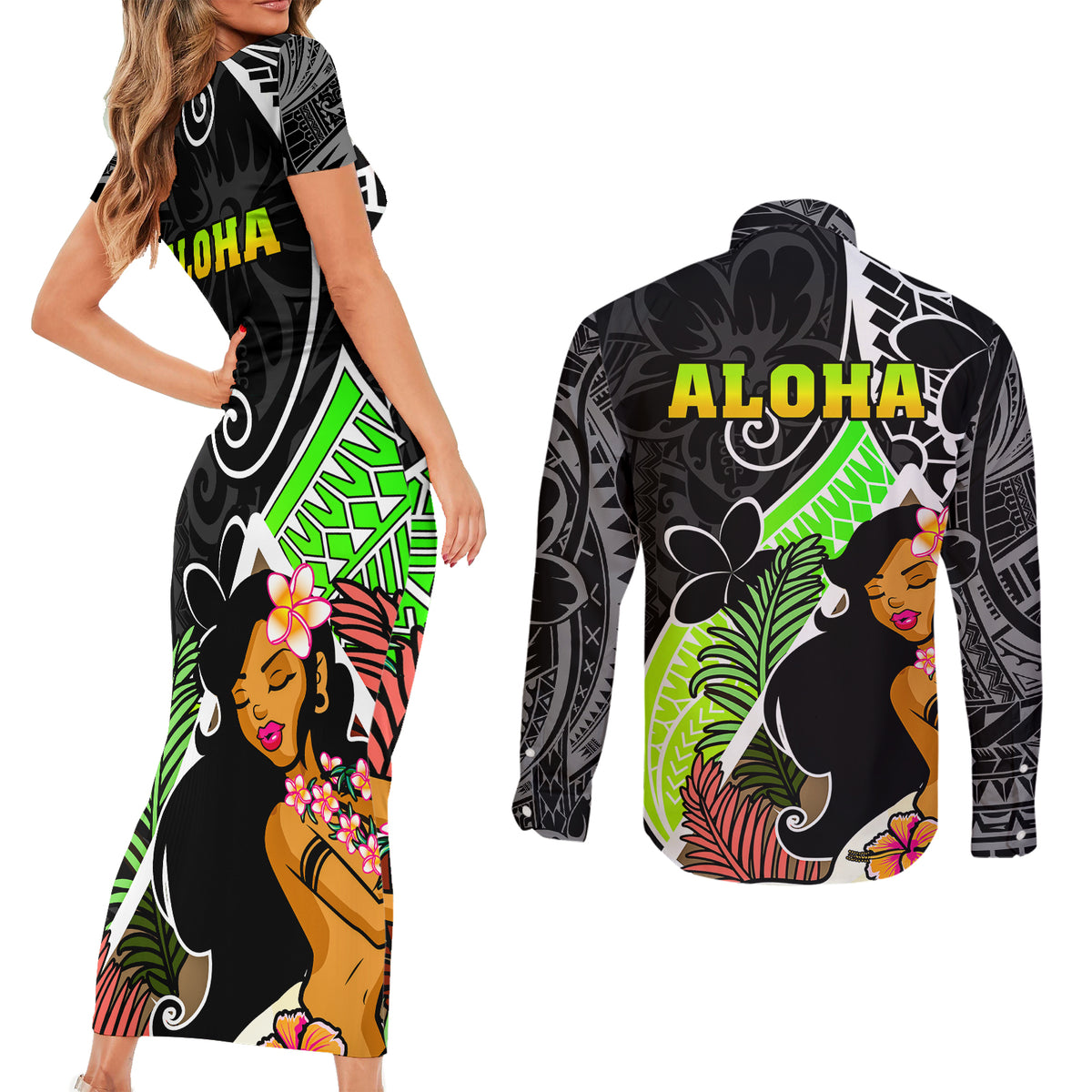 Hawaii Hula Girl Couples Matching Short Sleeve Bodycon Dress and Long Sleeve Button Shirts Hula Girl Polynesian Tattoo Gradient - Wonder Print Shop