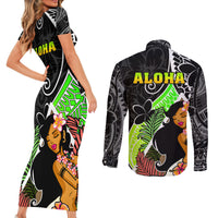 Hawaii Hula Girl Couples Matching Short Sleeve Bodycon Dress and Long Sleeve Button Shirts Hula Girl Polynesian Tattoo Gradient - Wonder Print Shop