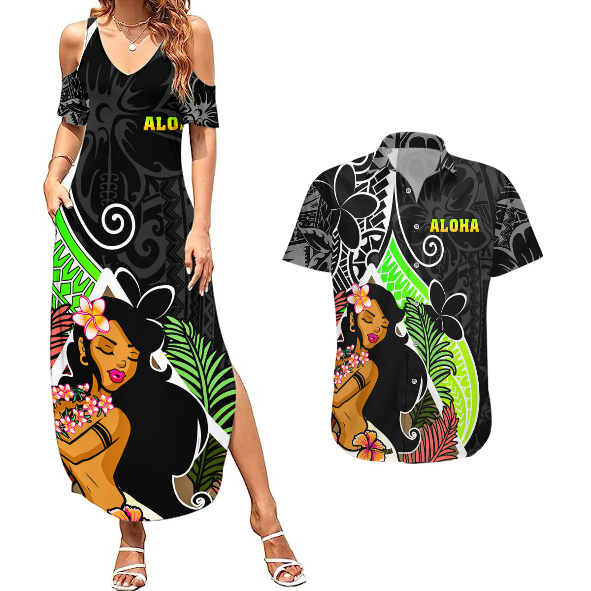 Hawaii Hula Girl Couples Matching Summer Maxi Dress and Hawaiian Shirt Hula Girl Polynesian Tattoo Gradient - Wonder Print Shop