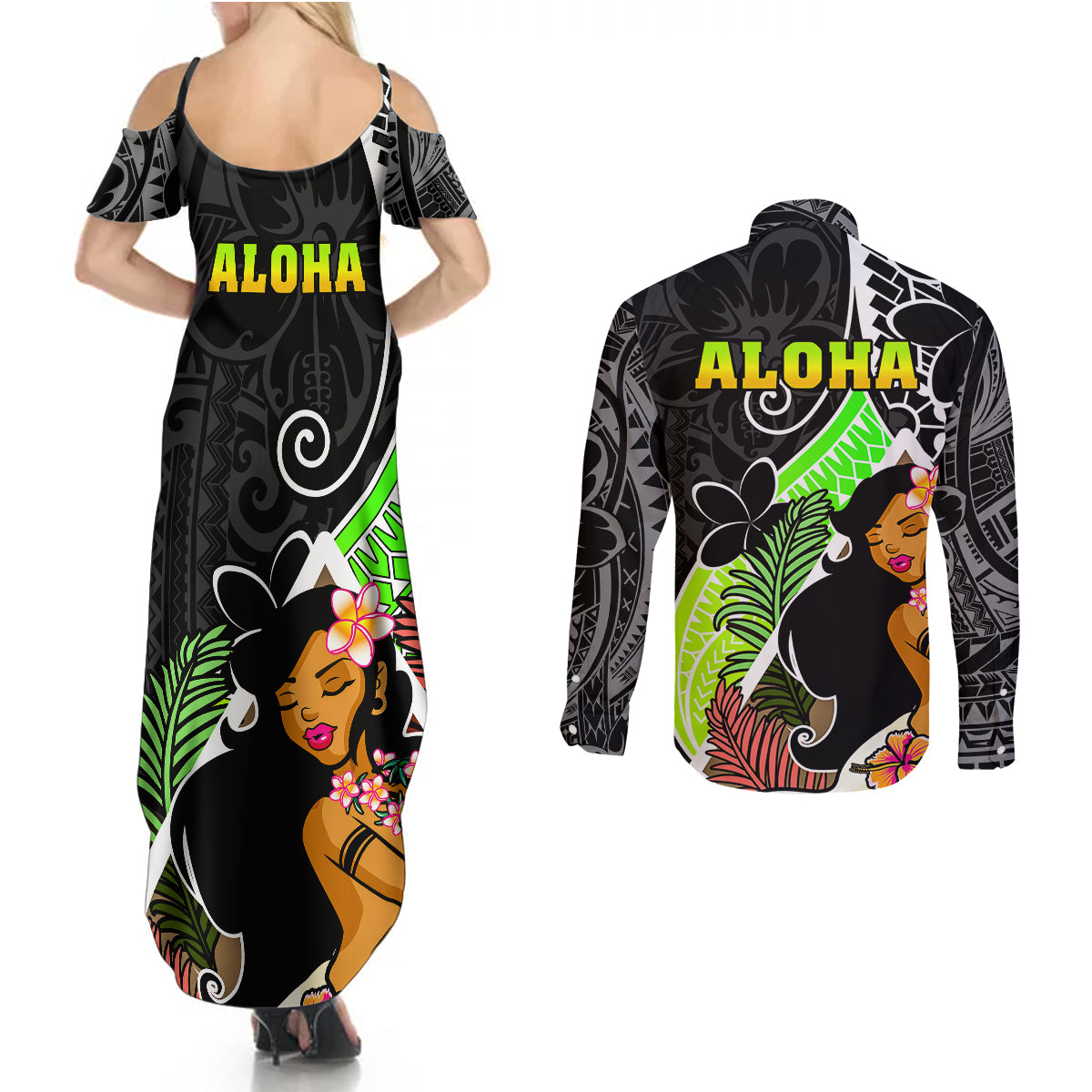 Hawaii Hula Girl Couples Matching Summer Maxi Dress and Long Sleeve Button Shirts Hula Girl Polynesian Tattoo Gradient - Wonder Print Shop