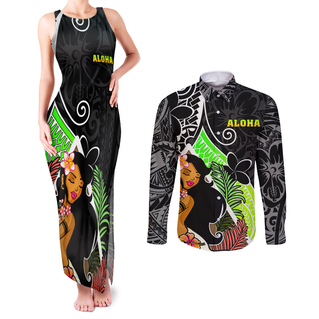 Hawaii Hula Girl Couples Matching Tank Maxi Dress and Long Sleeve Button Shirts Hula Girl Polynesian Tattoo Gradient - Wonder Print Shop