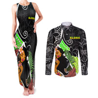 Hawaii Hula Girl Couples Matching Tank Maxi Dress and Long Sleeve Button Shirts Hula Girl Polynesian Tattoo Gradient - Wonder Print Shop