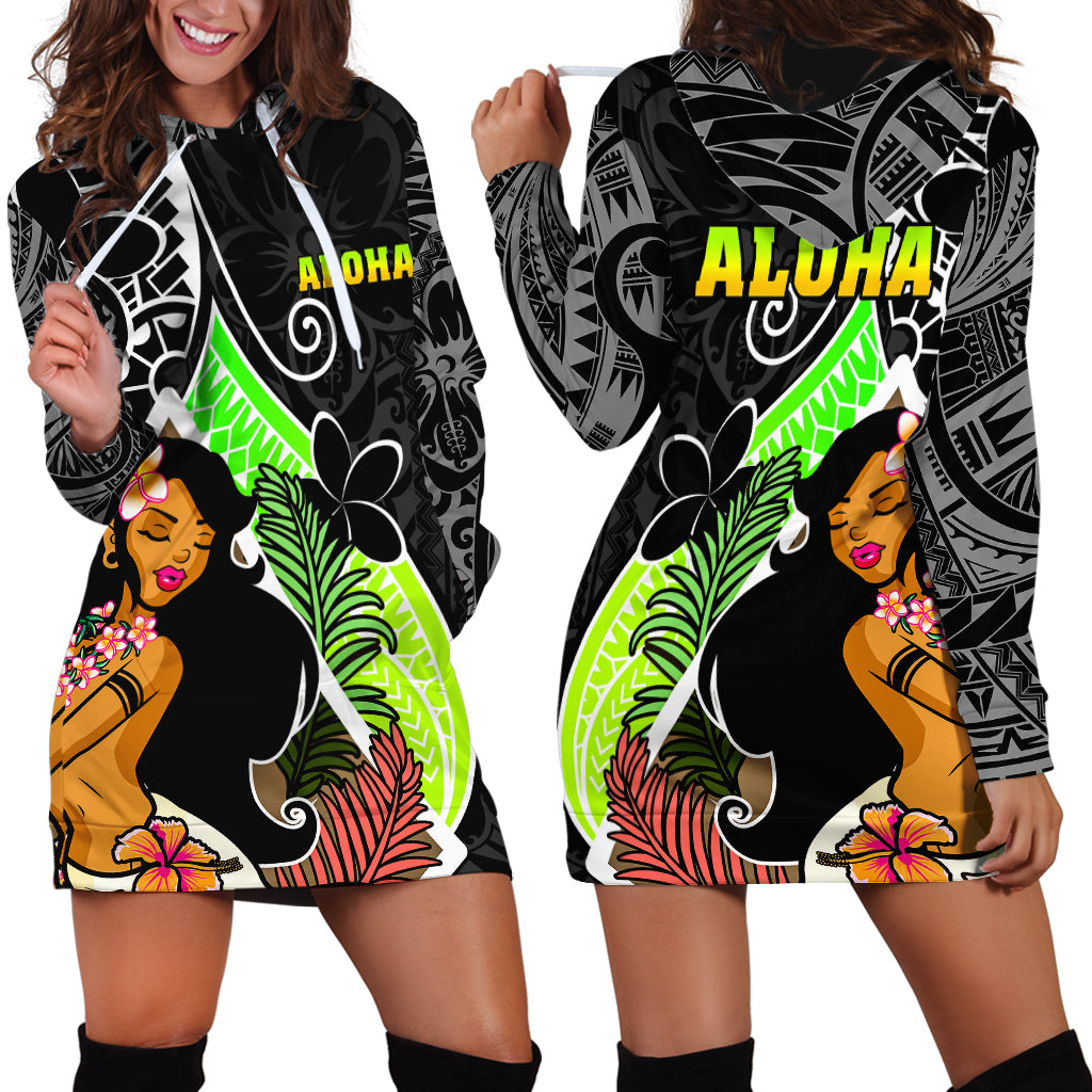 Hawaii Hula Girl Hoodie Dress Hula Girl Polynesian Tattoo Gradient - Wonder Print Shop