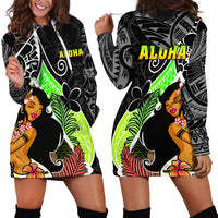 Hawaii Hula Girl Hoodie Dress Hula Girl Polynesian Tattoo Gradient - Wonder Print Shop