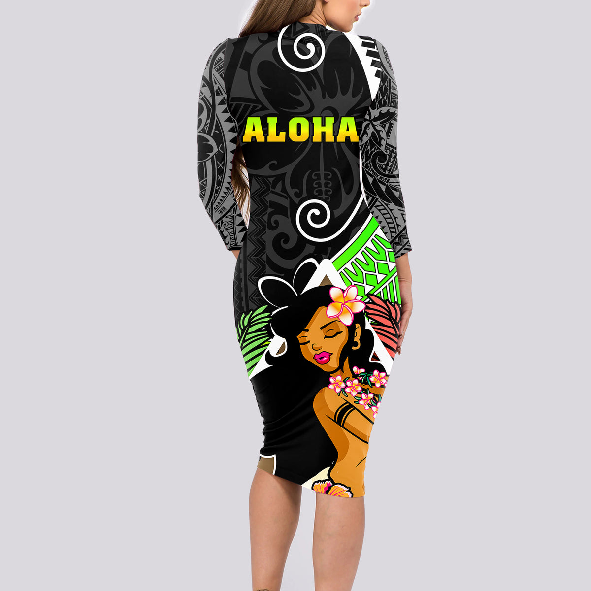 Hawaii Hula Girl Long Sleeve Bodycon Dress Hula Girl Polynesian Tattoo Gradient - Wonder Print Shop