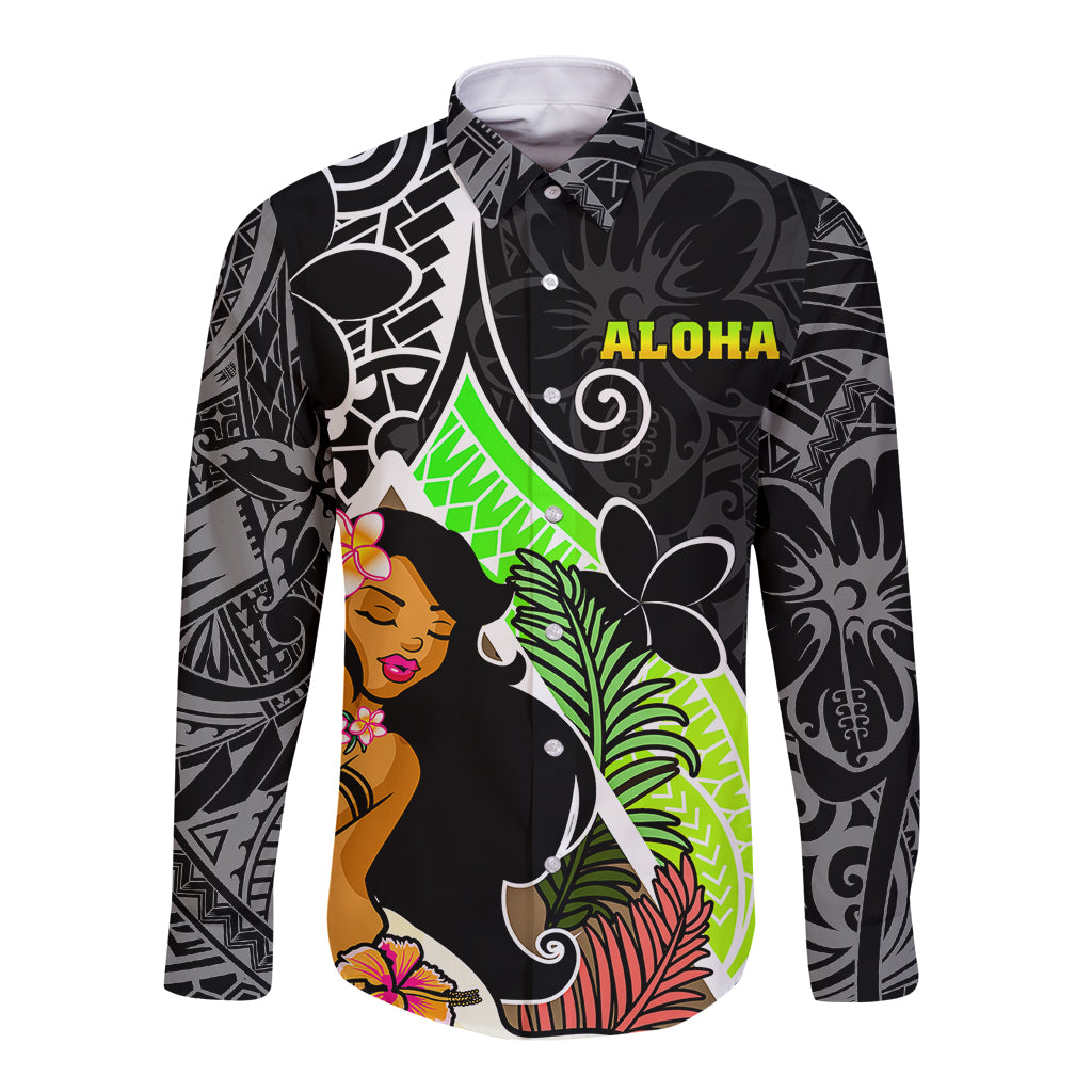 Hawaii Hula Girl Long Sleeve Button Shirt Hula Girl Polynesian Tattoo Gradient - Wonder Print Shop