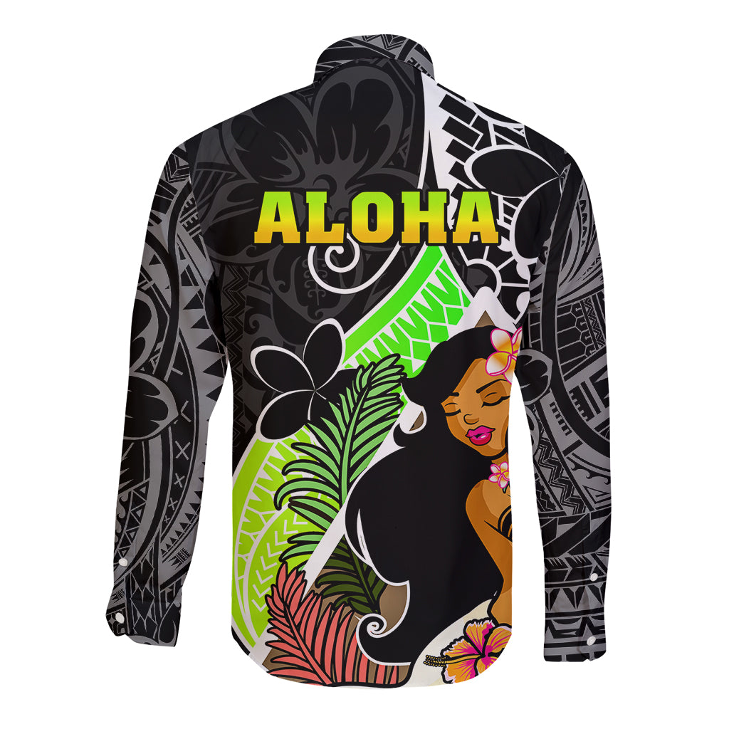 Hawaii Hula Girl Long Sleeve Button Shirt Hula Girl Polynesian Tattoo Gradient - Wonder Print Shop