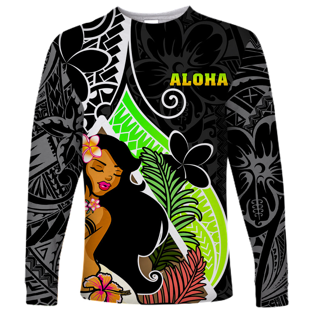 Hawaii Hula Girl Long Sleeve Shirt Hula Girl Polynesian Tattoo Gradient - Wonder Print Shop