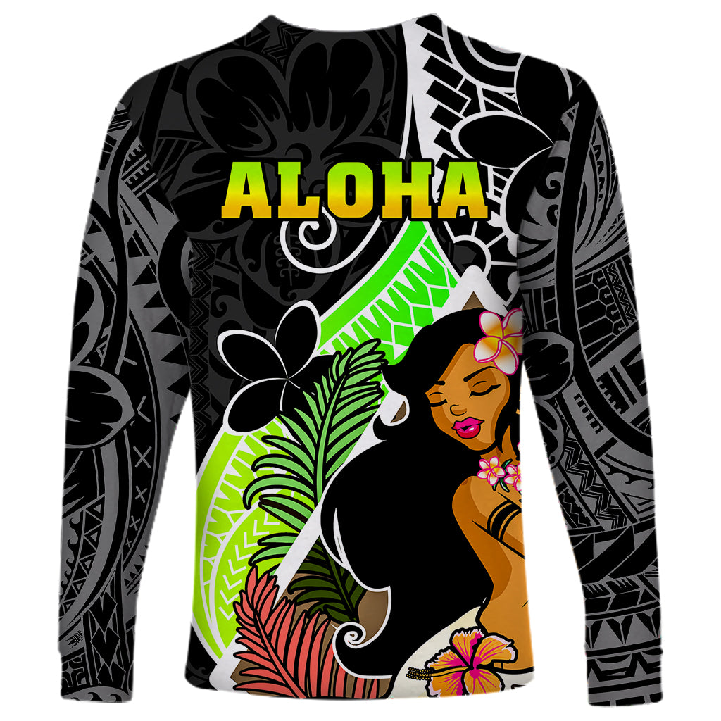 Hawaii Hula Girl Long Sleeve Shirt Hula Girl Polynesian Tattoo Gradient - Wonder Print Shop