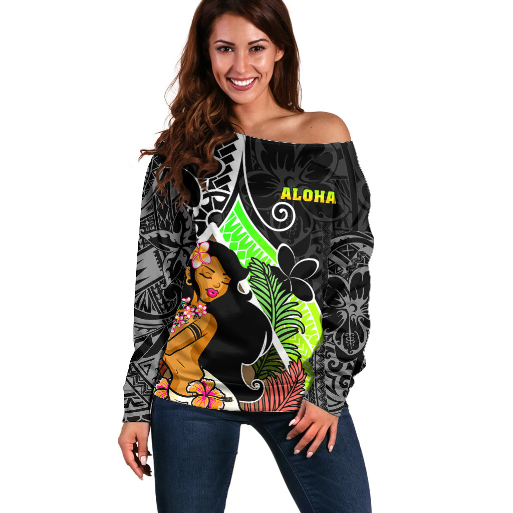 Hawaii Hula Girl Off Shoulder Sweater Hula Girl Polynesian Tattoo Gradient - Wonder Print Shop
