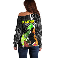 Hawaii Hula Girl Off Shoulder Sweater Hula Girl Polynesian Tattoo Gradient - Wonder Print Shop