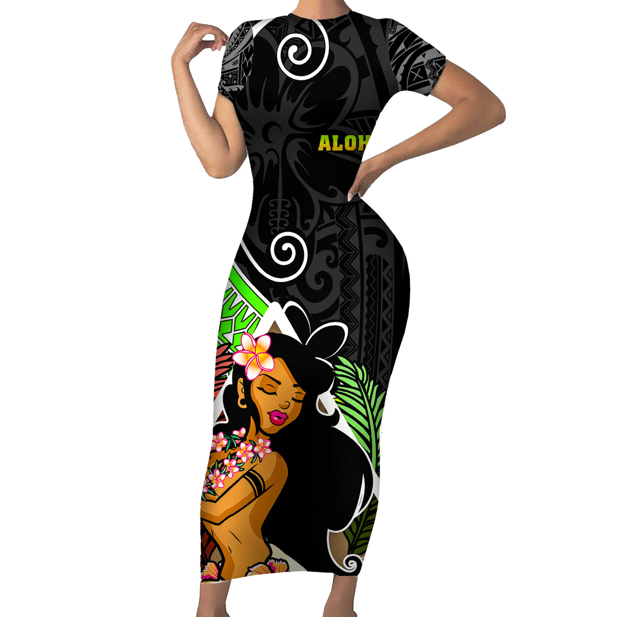 Hawaii Hula Girl Short Sleeve Bodycon Dress Hula Girl Polynesian Tattoo Gradient - Wonder Print Shop