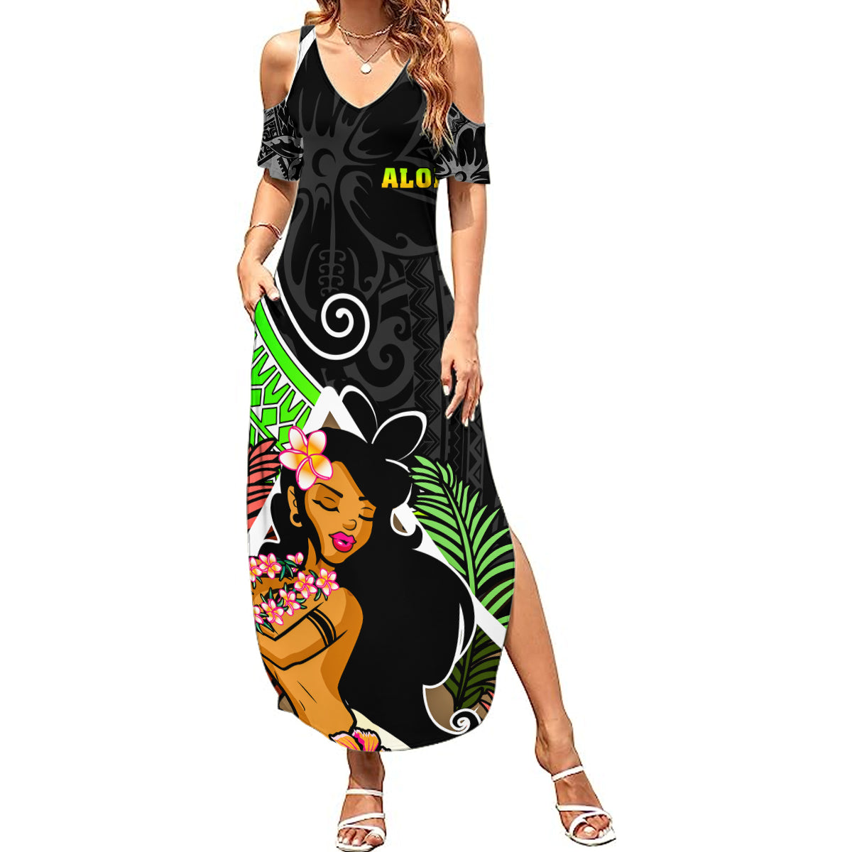 Hawaii Hula Girl Summer Maxi Dress Hula Girl Polynesian Tattoo Gradient - Wonder Print Shop
