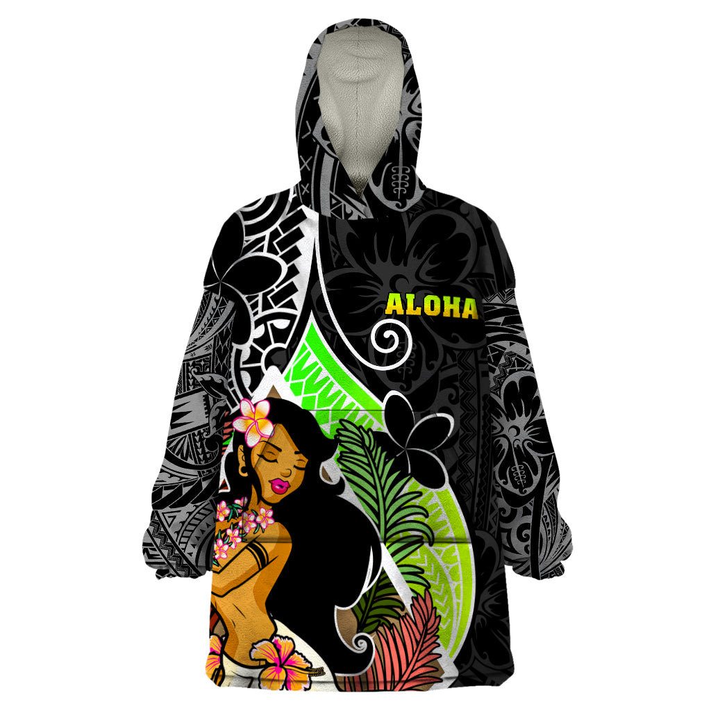 Hawaii Hula Girl Wearable Blanket Hoodie Hula Girl Polynesian Tattoo Gradient - Wonder Print Shop