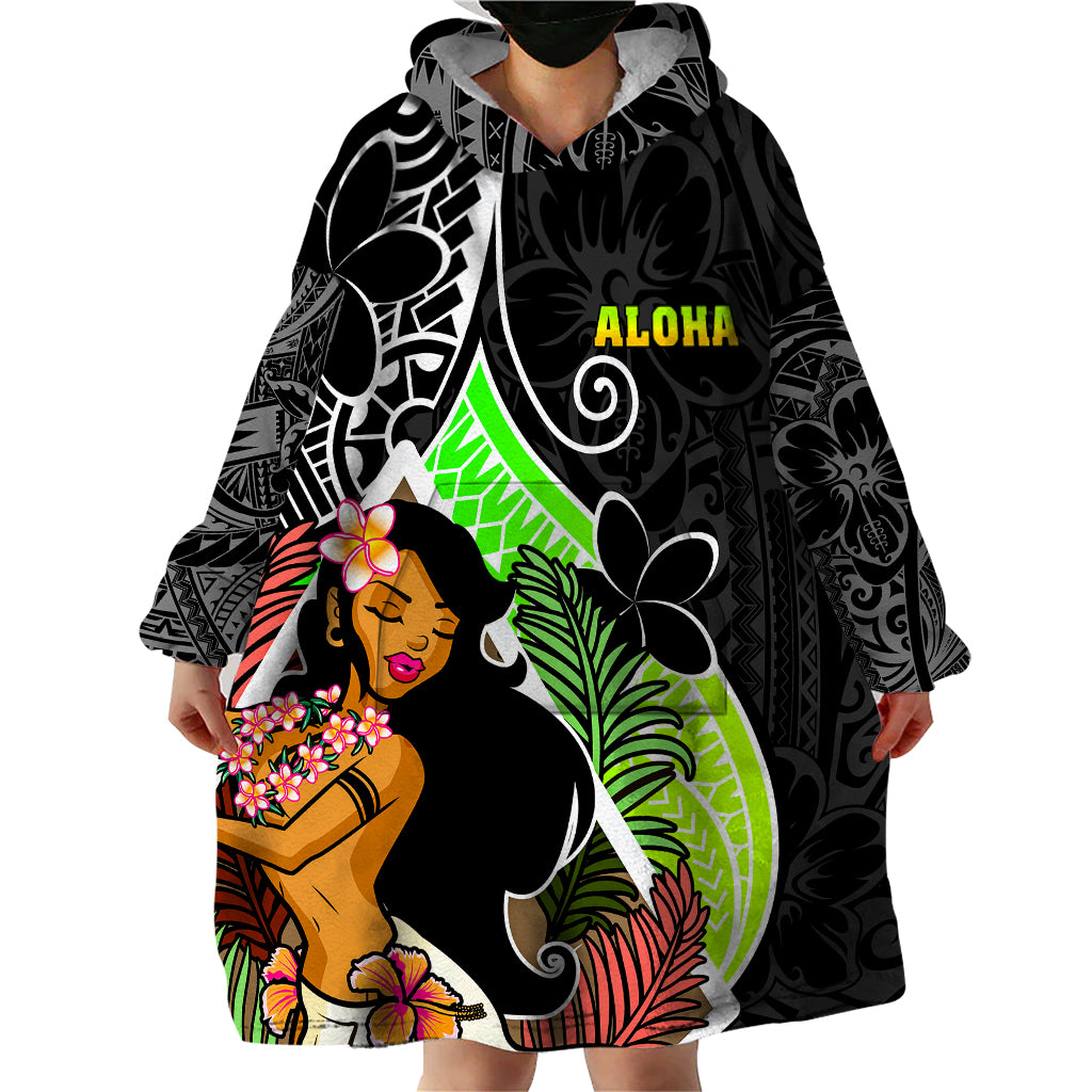 Hawaii Hula Girl Wearable Blanket Hoodie Hula Girl Polynesian Tattoo Gradient - Wonder Print Shop