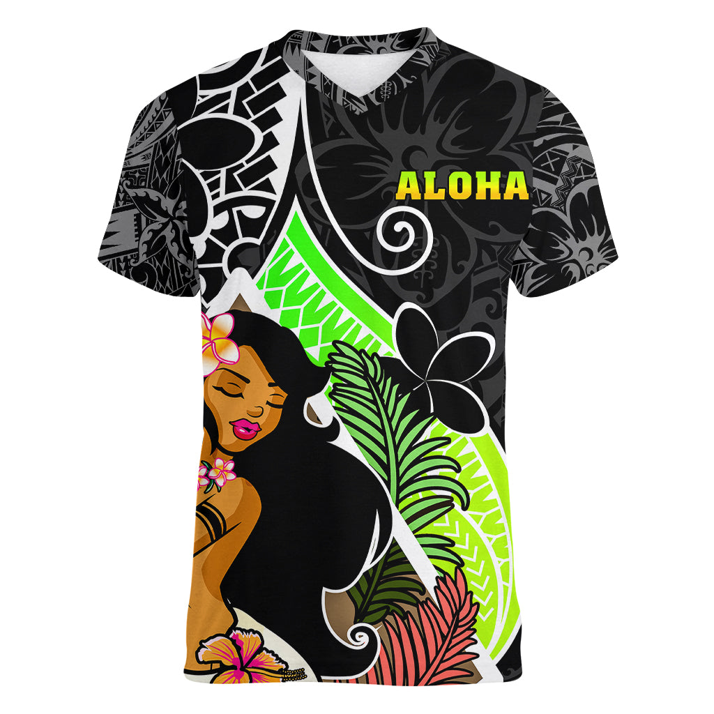 Hawaii Hula Girl Women V Neck T Shirt Hula Girl Polynesian Tattoo Gradient - Wonder Print Shop