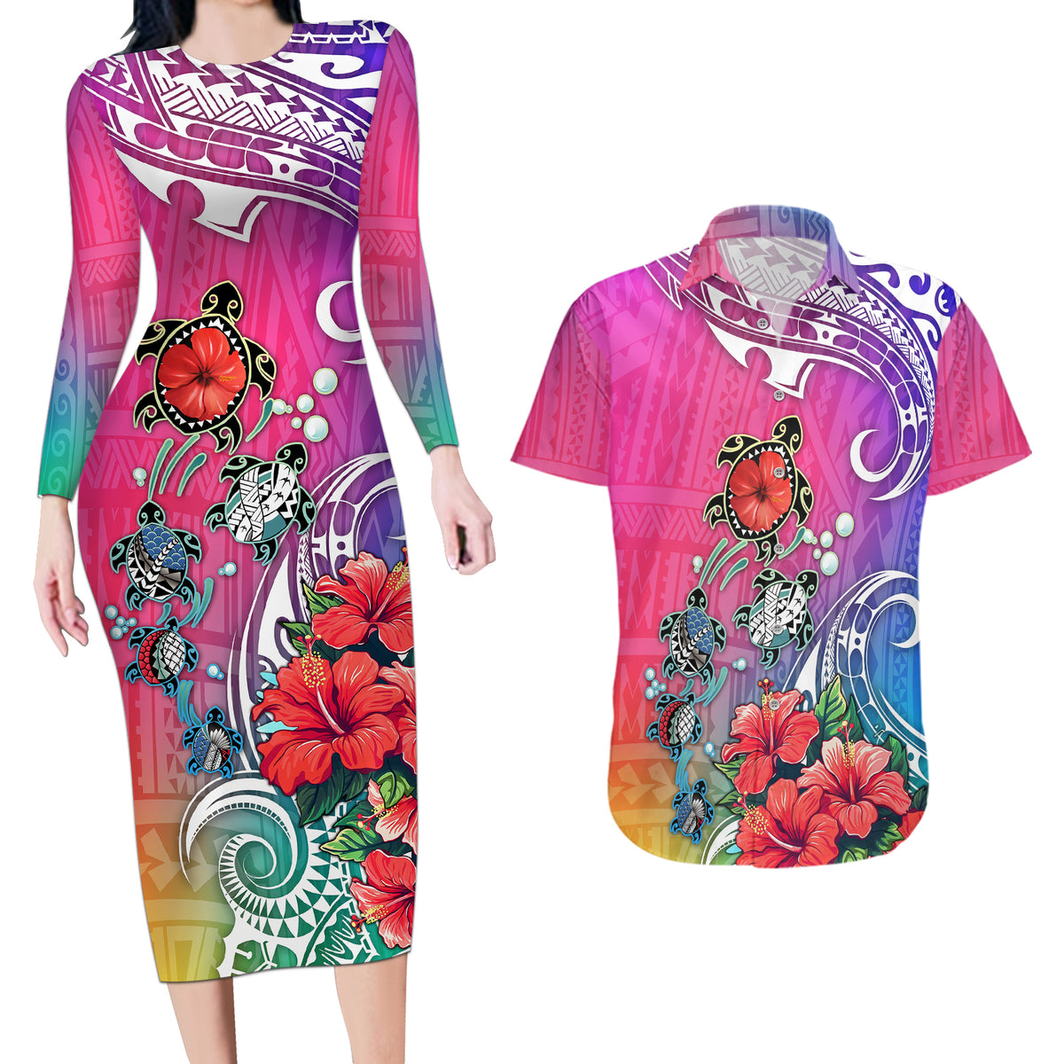 Hawaii Turtle Couples Matching Long Sleeve Bodycon Dress and Hawaiian Shirt Turtles Hibiscus With Hawaii Pattern Gradient - Wonder Print Shop